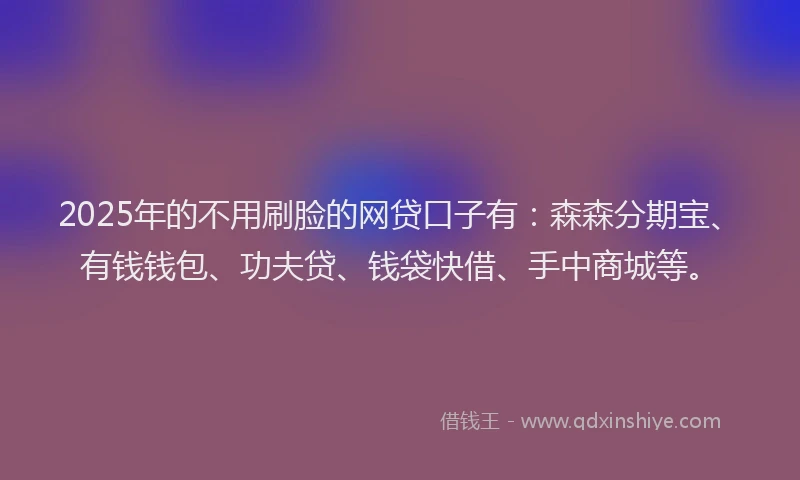 2025年的不用刷脸的网贷口子有：森森分期宝、有钱钱包、功夫贷、钱袋快借、手中商城等。