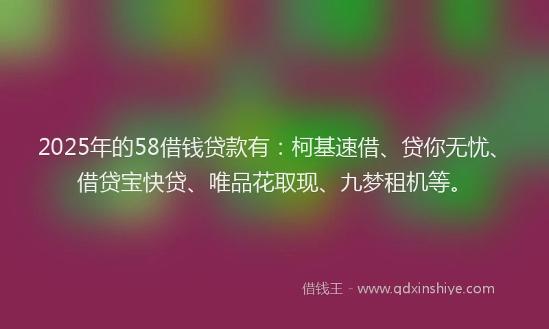 2025年的58借钱贷款有：柯基速借、贷你无忧、借贷宝快贷、唯品花取现、九梦租机等。