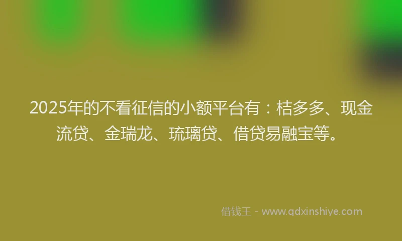 2025年的不看征信的小额平台有：桔多多、现金流贷、金瑞龙、琉璃贷、借贷易融宝等。