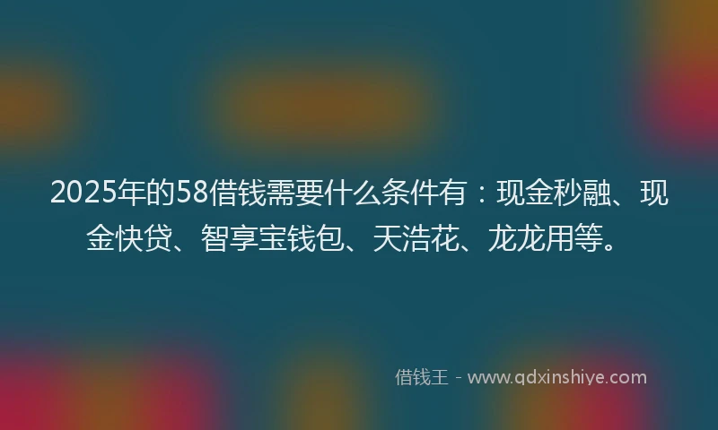 2025年的58借钱需要什么条件有：现金秒融、现金快贷、智享宝钱包、天浩花、龙龙用等。