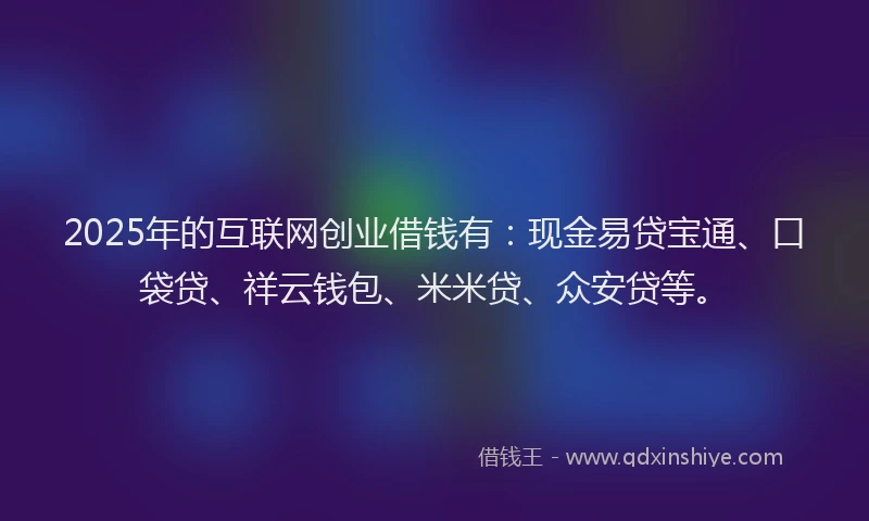 2025年的互联网创业借钱有：现金易贷宝通、口袋贷、祥云钱包、米米贷、众安贷等。