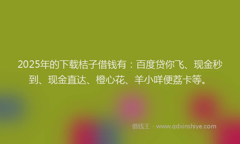 2025年的下载桔子借钱有：百度贷你飞、现金秒到、现金直达、橙心花、羊小咩便荔卡等。