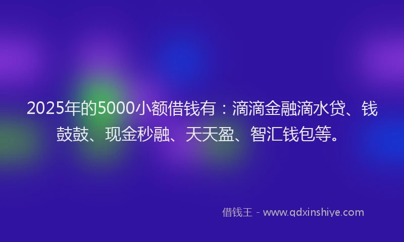 2025年的5000小额借钱有：滴滴金融滴水贷、钱鼓鼓、现金秒融、天天盈、智汇钱包等。