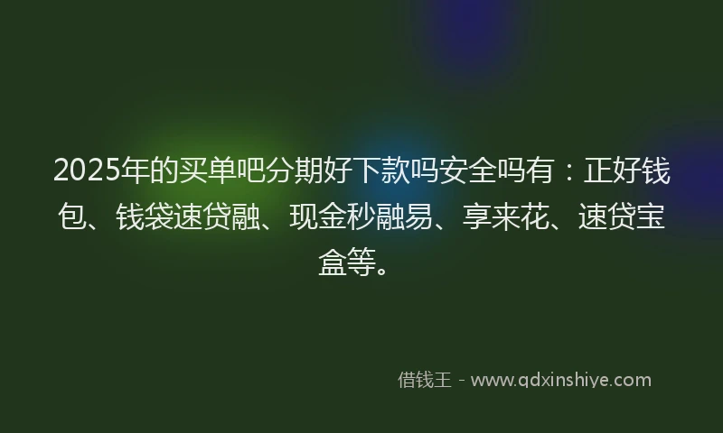 2025年的买单吧分期好下款吗安全吗有：正好钱包、钱袋速贷融、现金秒融易、享来花、速贷宝盒等。