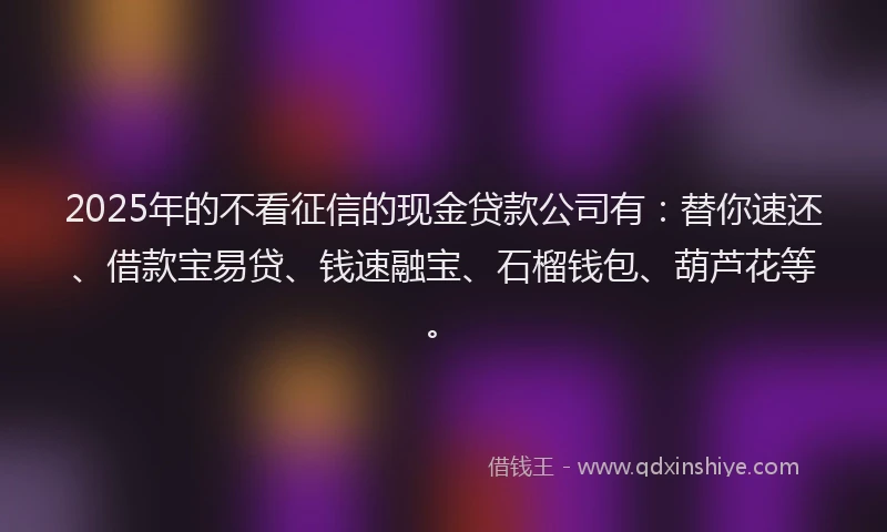 2025年的不看征信的现金贷款公司有：替你速还、借款宝易贷、钱速融宝、石榴钱包、葫芦花等。