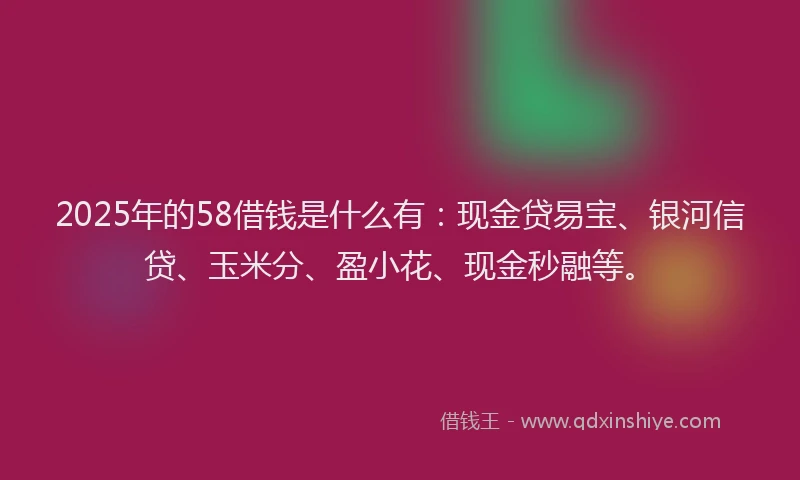 2025年的58借钱是什么有：现金贷易宝、银河信贷、玉米分、盈小花、现金秒融等。