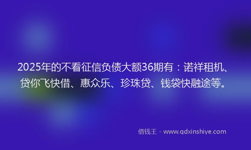2025年的不看征信负债大额36期有：诺祥租机、贷你飞快借、惠众乐、珍珠贷、钱袋快融途等。