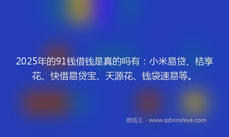 2025年的91钱借钱是真的吗有：小米易贷、桔享花、快借易贷宝、天源花、钱袋速易等。