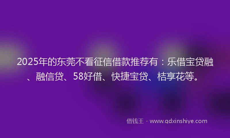 2025年的东莞不看征信借款推荐有：乐借宝贷融、融信贷、58好借、快捷宝贷、桔享花等。