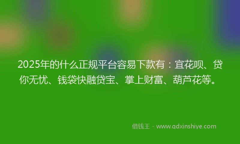 2025年的什么正规平台容易下款有：宜花呗、贷你无忧、钱袋快融贷宝、掌上财富、葫芦花等。