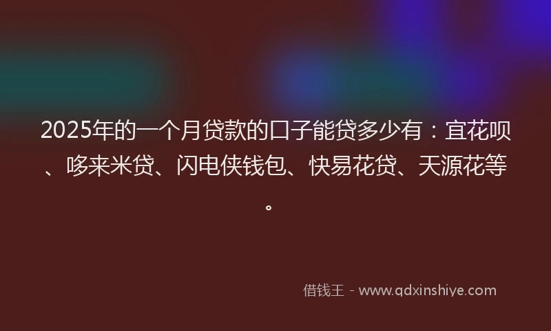 2025年的一个月贷款的口子能贷多少有：宜花呗、哆来米贷、闪电侠钱包、快易花贷、天源花等。