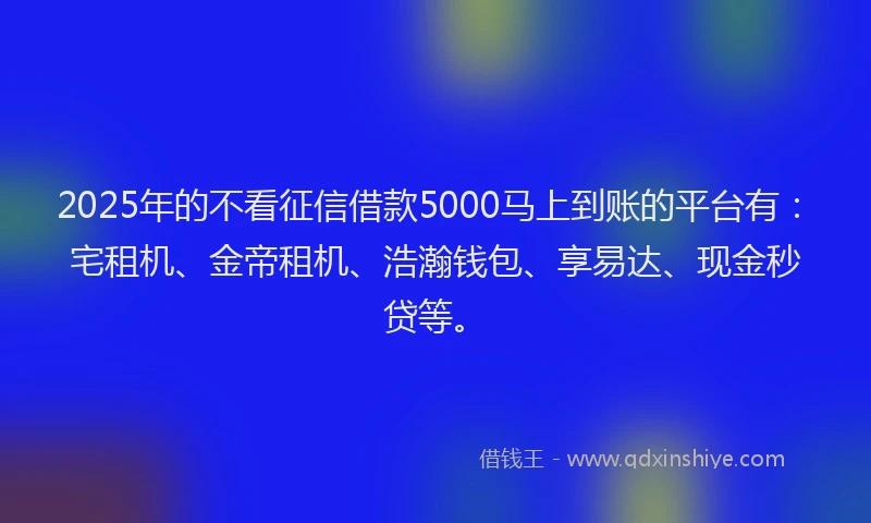 2025年的不看征信借款5000马上到账的平台有：宅租机、金帝租机、浩瀚钱包、享易达、现金秒贷等。