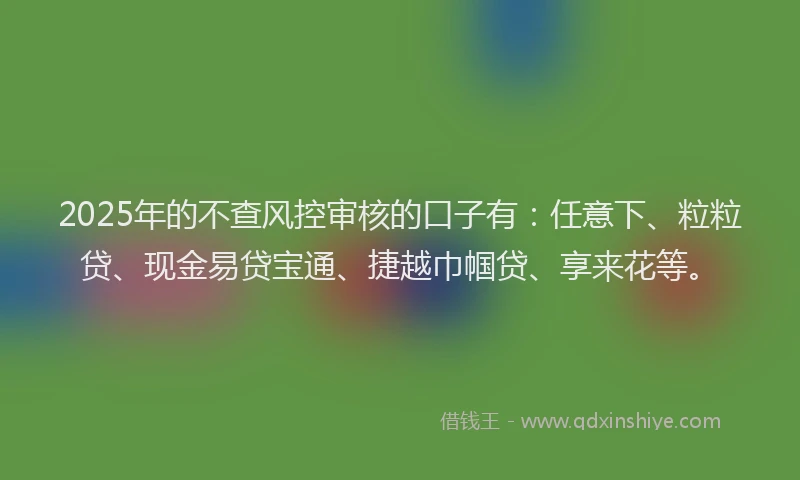 2025年的不查风控审核的口子有：任意下、粒粒贷、现金易贷宝通、捷越巾帼贷、享来花等。
