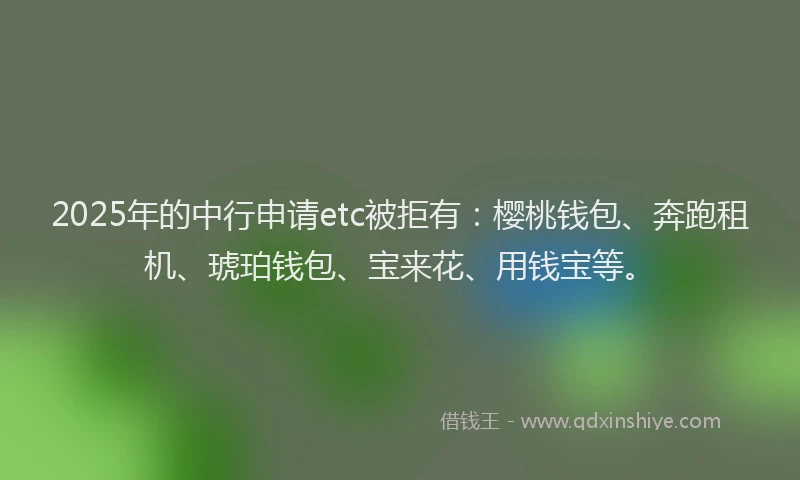 2025年的中行申请etc被拒有：樱桃钱包、奔跑租机、琥珀钱包、宝来花、用钱宝等。