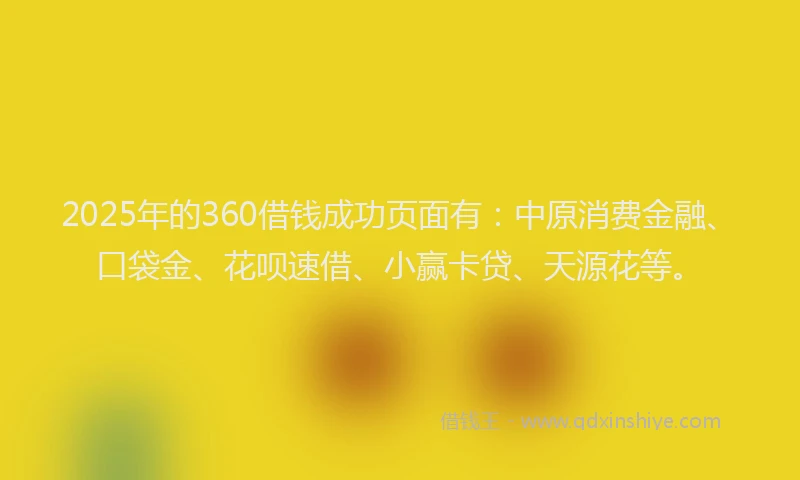 2025年的360借钱成功页面有：中原消费金融、口袋金、花呗速借、小赢卡贷、天源花等。