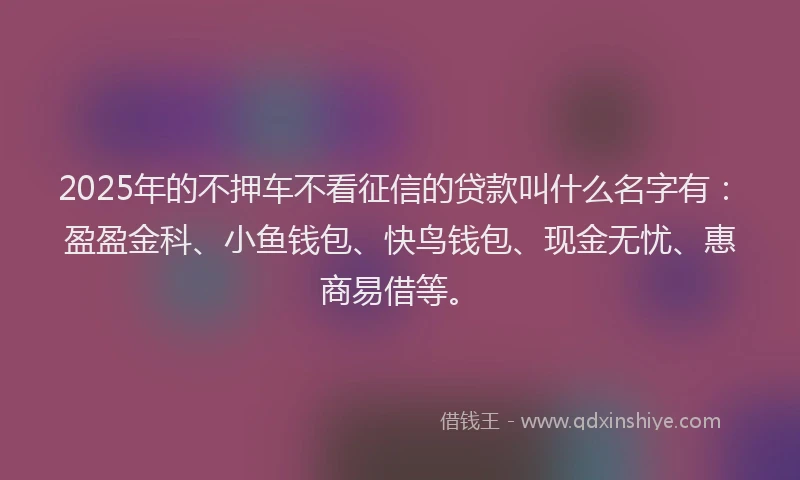 2025年的不押车不看征信的贷款叫什么名字有：盈盈金科、小鱼钱包、快鸟钱包、现金无忧、惠商易借等。