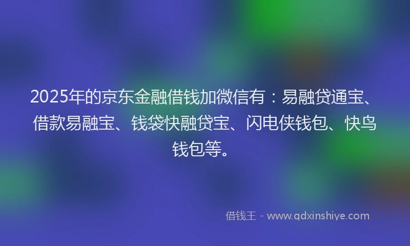 2025年的京东金融借钱加微信有：易融贷通宝、借款易融宝、钱袋快融贷宝、闪电侠钱包、快鸟钱包等。