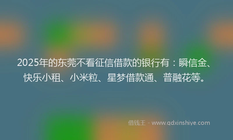 2025年的东莞不看征信借款的银行有：瞬信金、快乐小租、小米粒、星梦借款通、普融花等。