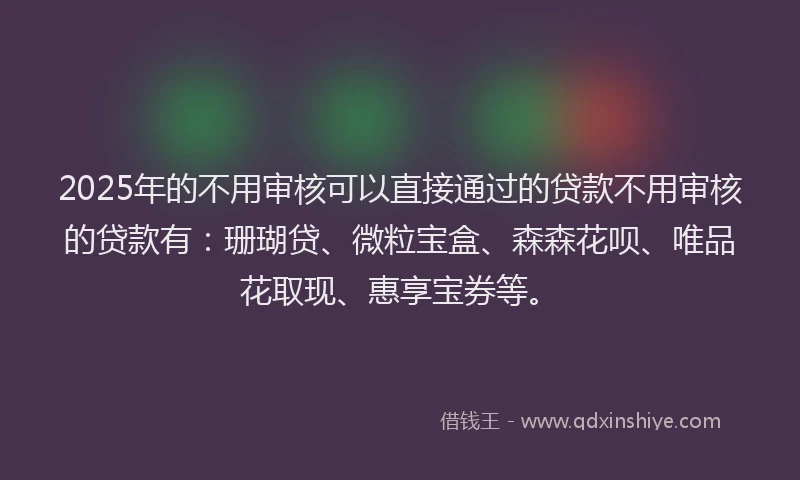 2025年的不用审核可以直接通过的贷款不用审核的贷款有：珊瑚贷、微粒宝盒、森森花呗、唯品花取现、惠享宝券等。