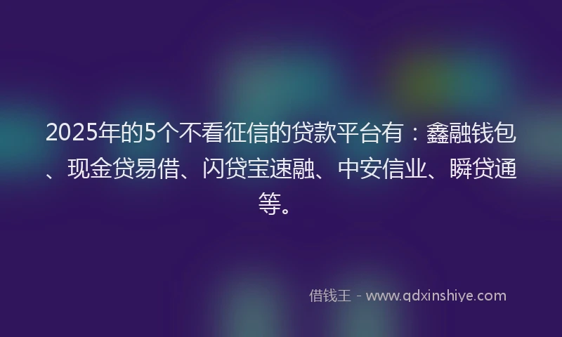 2025年的5个不看征信的贷款平台有：鑫融钱包、现金贷易借、闪贷宝速融、中安信业、瞬贷通等。