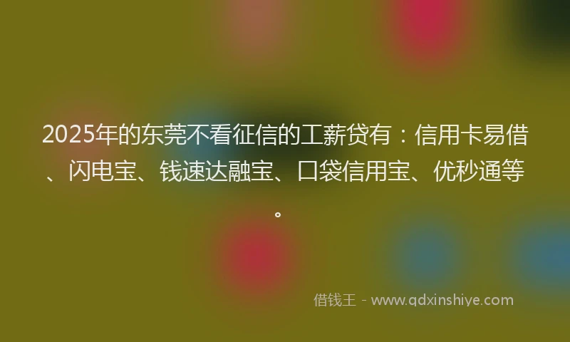 2025年的东莞不看征信的工薪贷有：信用卡易借、闪电宝、钱速达融宝、口袋信用宝、优秒通等。