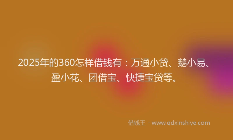 2025年的360怎样借钱有：万通小贷、鹅小易、盈小花、团借宝、快捷宝贷等。