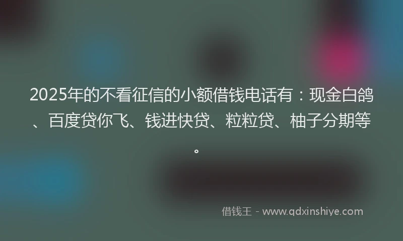 2025年的不看征信的小额借钱电话有：现金白鸽、百度贷你飞、钱进快贷、粒粒贷、柚子分期等。