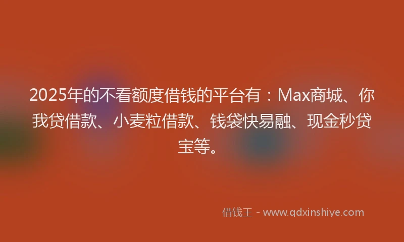 2025年的不看额度借钱的平台有：Max商城、你我贷借款、小麦粒借款、钱袋快易融、现金秒贷宝等。