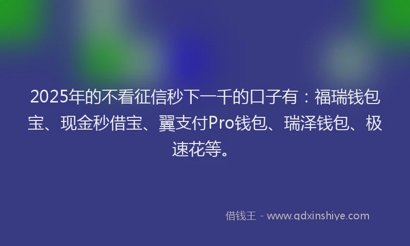 2025年的不看征信秒下一千的口子有：福瑞钱包宝、现金秒借宝、翼支付Pro钱包、瑞泽钱包、极速花等。