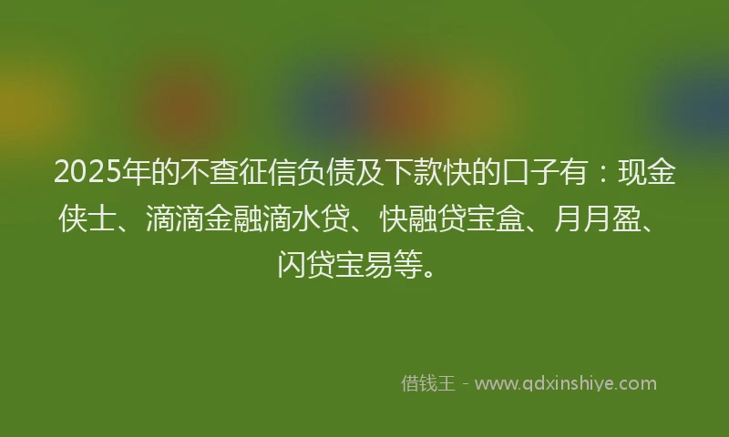 2025年的不查征信负债及下款快的口子有：现金侠士、滴滴金融滴水贷、快融贷宝盒、月月盈、闪贷宝易等。