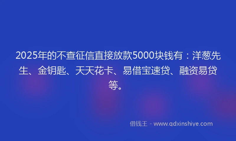 2025年的不查征信直接放款5000块钱有：洋葱先生、金钥匙、天天花卡、易借宝速贷、融资易贷等。