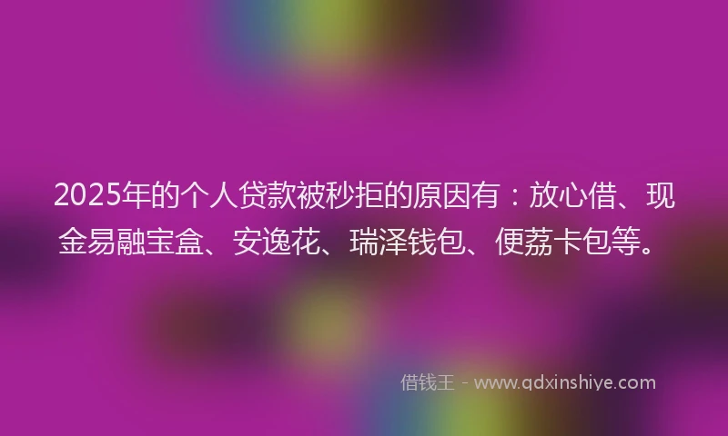 2025年的个人贷款被秒拒的原因有：放心借、现金易融宝盒、安逸花、瑞泽钱包、便荔卡包等。