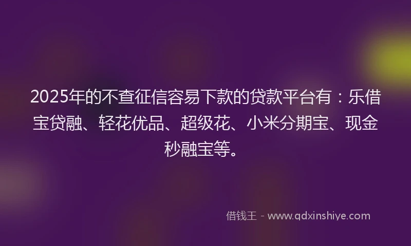 2025年的不查征信容易下款的贷款平台有：乐借宝贷融、轻花优品、超级花、小米分期宝、现金秒融宝等。