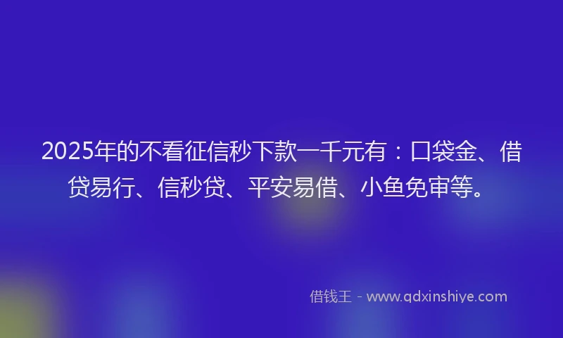 2025年的不看征信秒下款一千元有：口袋金、借贷易行、信秒贷、平安易借、小鱼免审等。