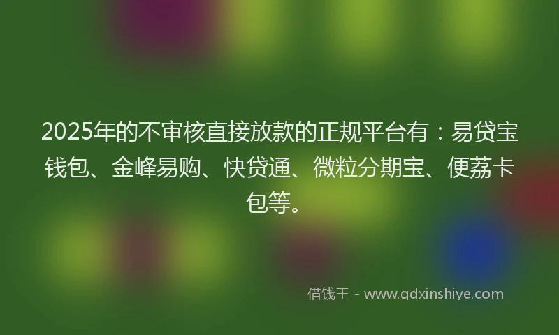 2025年的不审核直接放款的正规平台有：易贷宝钱包、金峰易购、快贷通、微粒分期宝、便荔卡包等。