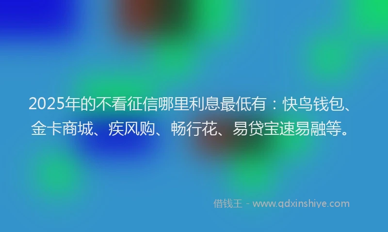 2025年的不看征信哪里利息最低有：快鸟钱包、金卡商城、疾风购、畅行花、易贷宝速易融等。