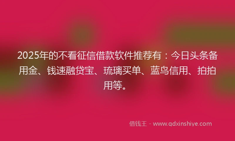 2025年的不看征信借款软件推荐有：今日头条备用金、钱速融贷宝、琉璃买单、蓝鸟信用、拍拍用等。