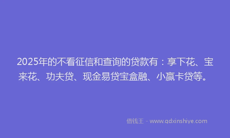 2025年的不看征信和查询的贷款有：享下花、宝来花、功夫贷、现金易贷宝盒融、小赢卡贷等。