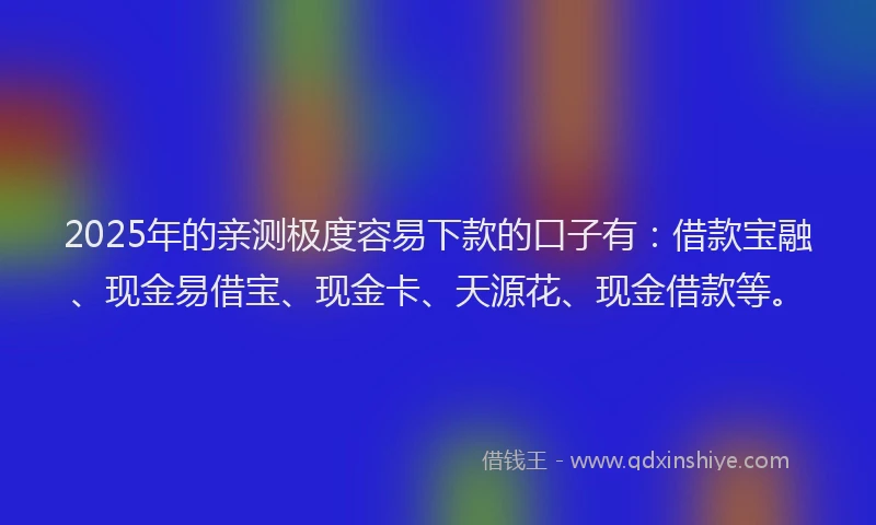 2025年的亲测极度容易下款的口子有：借款宝融、现金易借宝、现金卡、天源花、现金借款等。