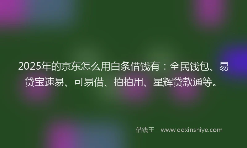2025年的京东怎么用白条借钱有：全民钱包、易贷宝速易、可易借、拍拍用、星辉贷款通等。