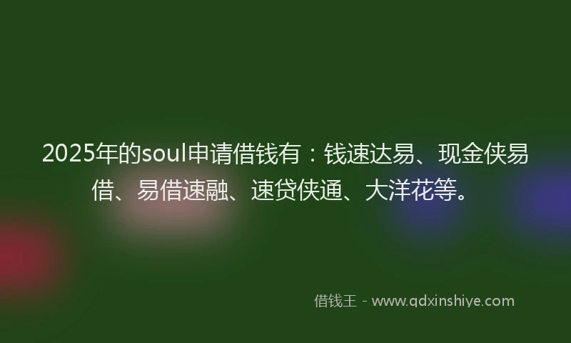 2025年的soul申请借钱有：钱速达易、现金侠易借、易借速融、速贷侠通、大洋花等。