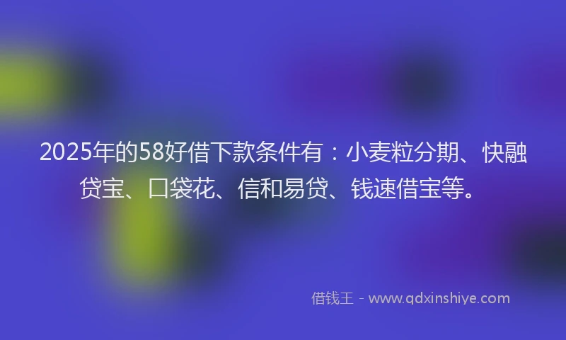 2025年的58好借下款条件有：小麦粒分期、快融贷宝、口袋花、信和易贷、钱速借宝等。
