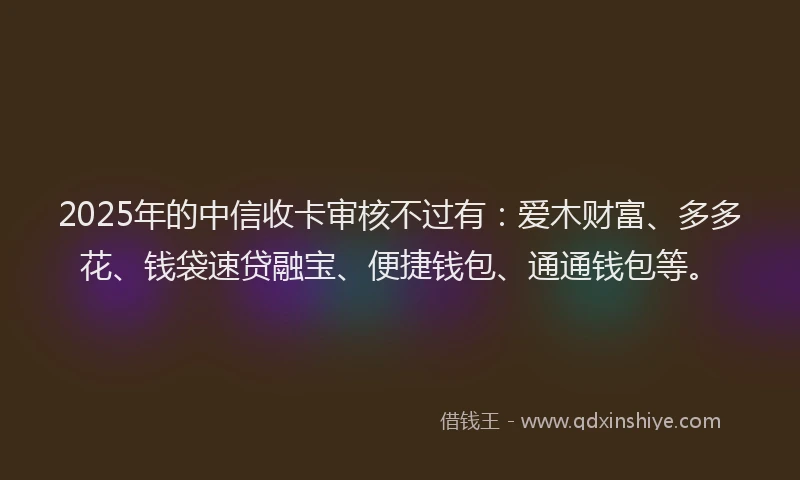 2025年的中信收卡审核不过有：爱木财富、多多花、钱袋速贷融宝、便捷钱包、通通钱包等。