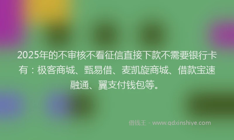 2025年的不审核不看征信直接下款不需要银行卡有：极客商城、甄易借、麦凯旋商城、借款宝速融通、翼支付钱包等。