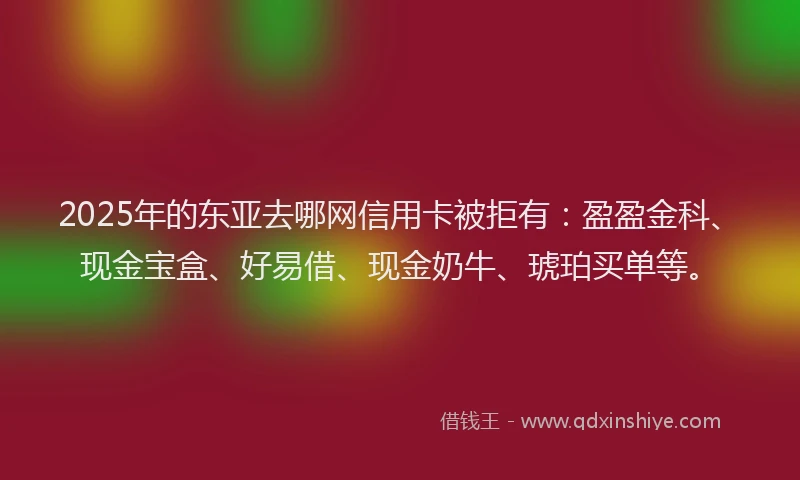 2025年的东亚去哪网信用卡被拒有：盈盈金科、现金宝盒、好易借、现金奶牛、琥珀买单等。