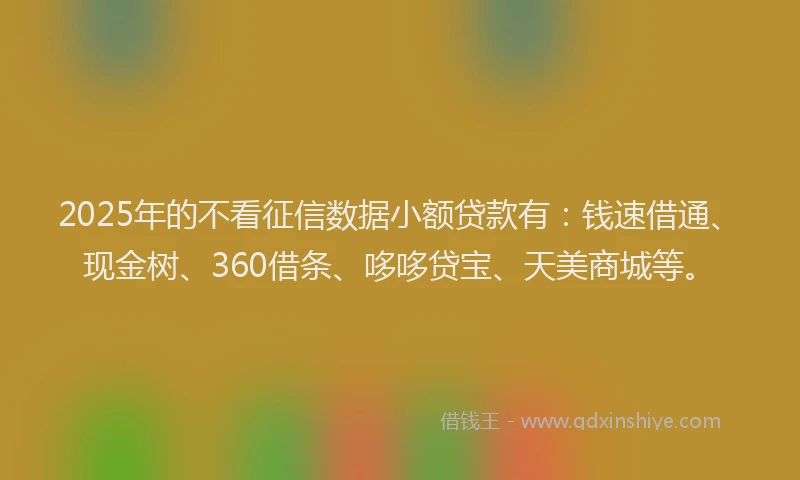 2025年的不看征信数据小额贷款有：钱速借通、现金树、360借条、哆哆贷宝、天美商城等。