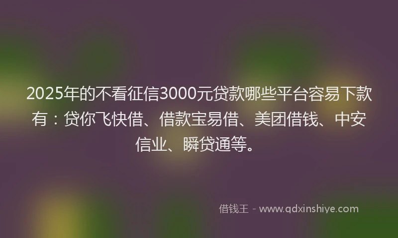 2025年的不看征信3000元贷款哪些平台容易下款有：贷你飞快借、借款宝易借、美团借钱、中安信业、瞬贷通等。