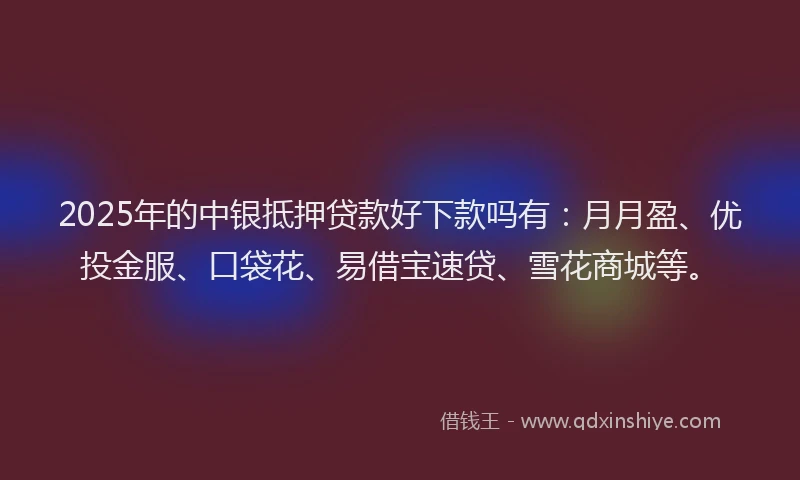 2025年的中银抵押贷款好下款吗有：月月盈、优投金服、口袋花、易借宝速贷、雪花商城等。
