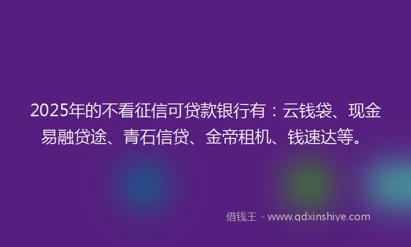 2025年的不看征信可贷款银行有：云钱袋、现金易融贷途、青石信贷、金帝租机、钱速达等。