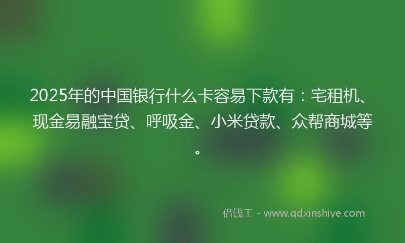 2025年的中国银行什么卡容易下款有：宅租机、现金易融宝贷、呼吸金、小米贷款、众帮商城等。